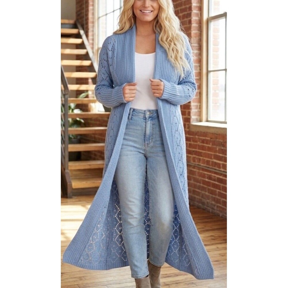VTG Y2K Eastside Westside S cable knit chunky Open cardigan sweater Duster Wool